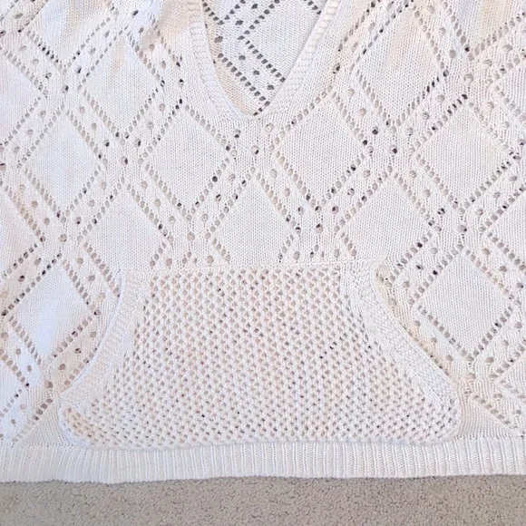 Lucky Brand Crochet Hoodie Cropped Sweater Women Medium Cream Pointelle Pullover - Picture 7 of 13